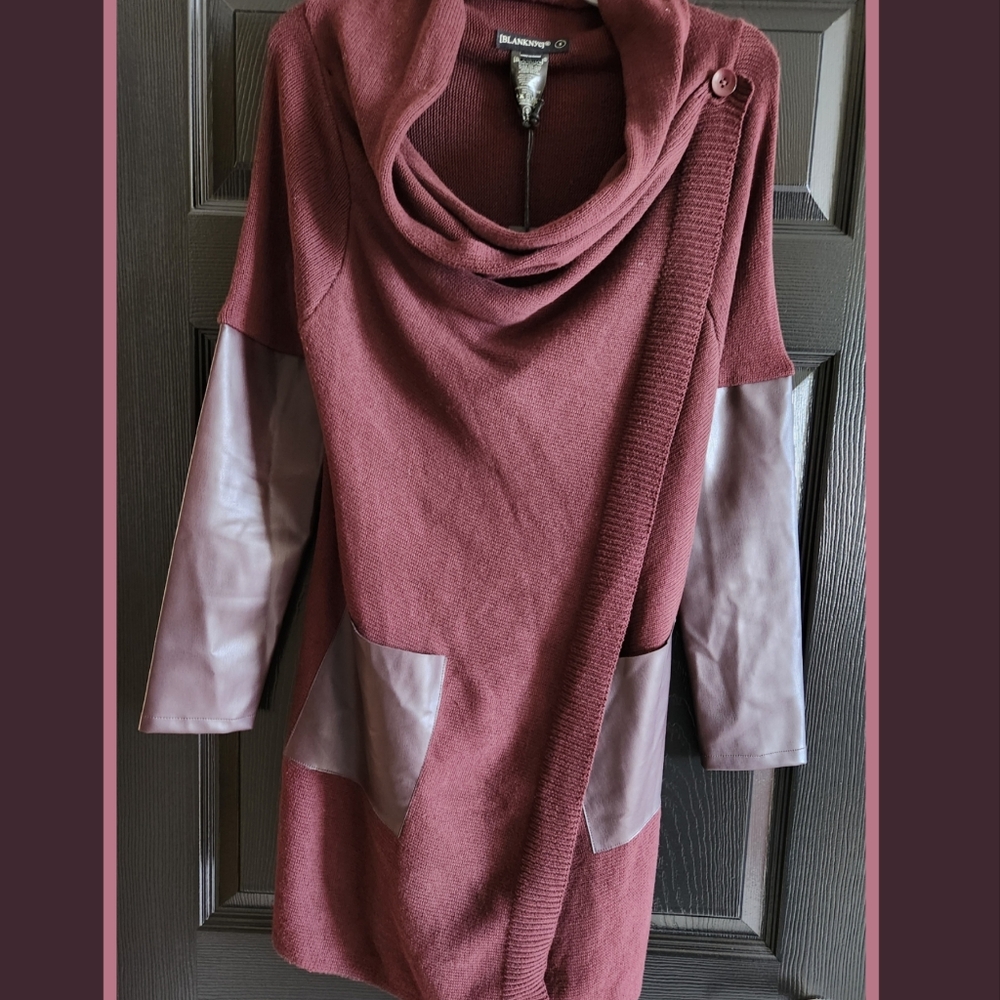 Burgundy Knit & Faux Leather Sleeve Open Front Cardigan - Small NWT - Picture 8 of 10